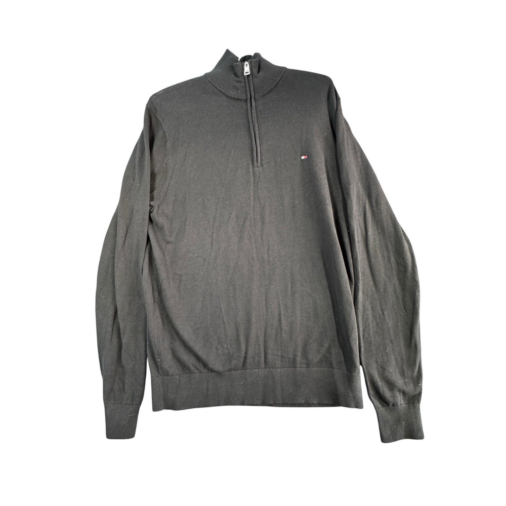 Tommy Hilfiger Mens XL Black 100% Cotton Quarter Zip Mock Neck Sweater Logo
